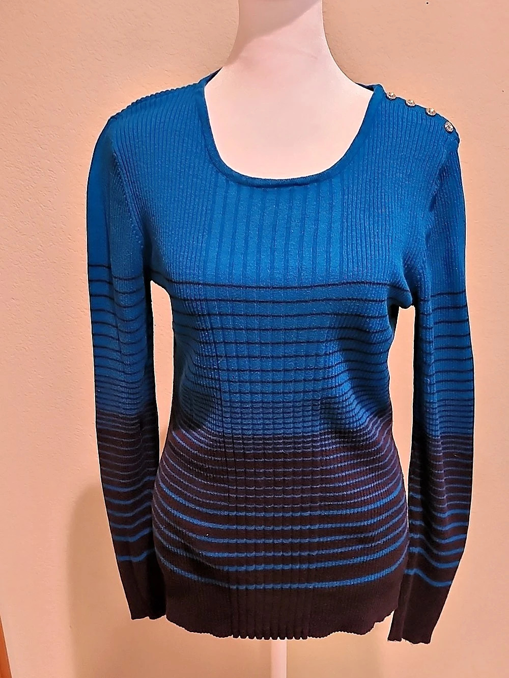 Liz Claiborne Striped Crew Neck Sweater in Blue & Black Size Large
